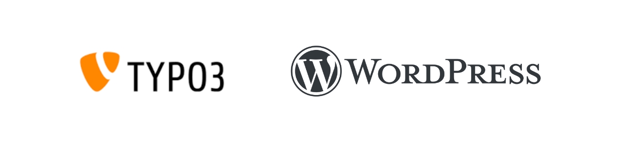 Technologien und Partner: Logo von TYPO3 und Logo von Wordpress 