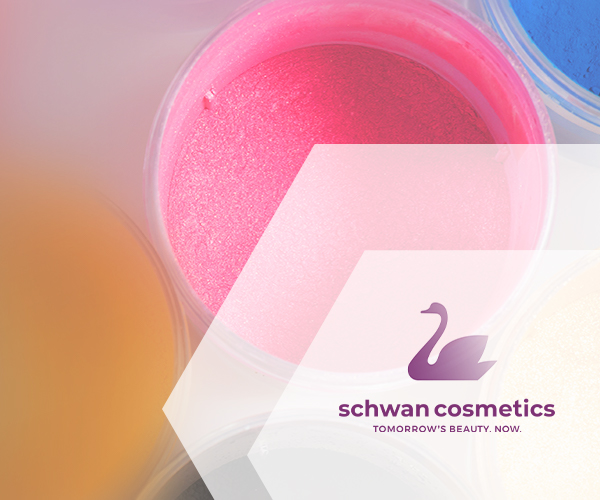 Bild mit weißem Polygon und Logo von Schwan Cosmetics